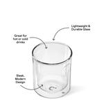 A clear double-walled glass cup featuring a sleek modern design and a C logo on its inner base, presented on a white background with annotations highlighting its lightweight durability and suitability for hot or cold beverages