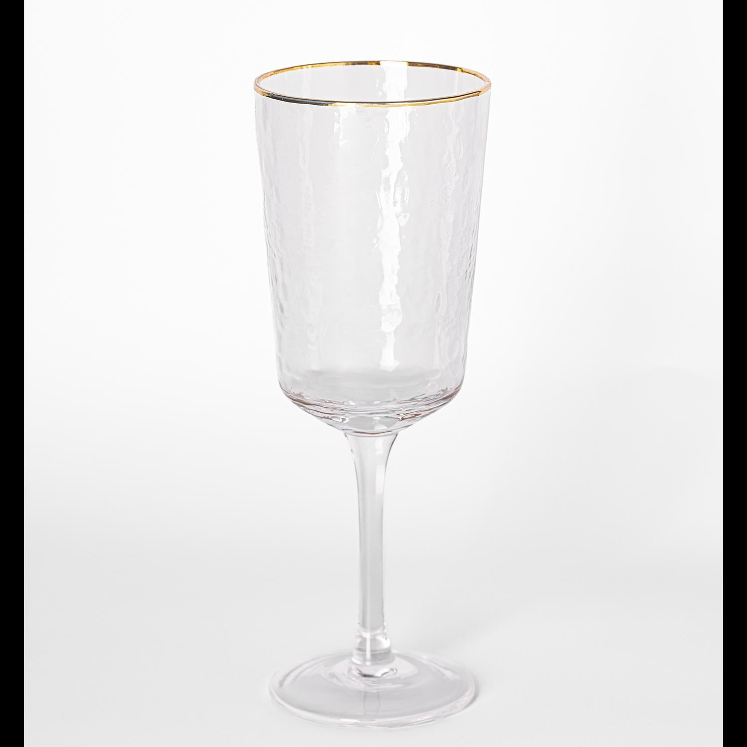 Clear hammered glass wine glass with a gold rim