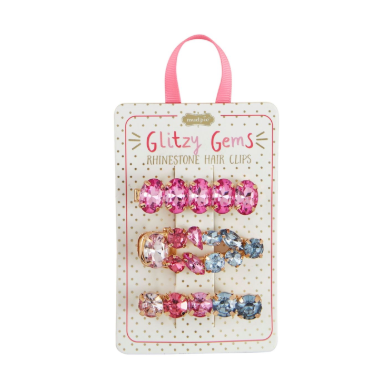 Mudpie Glitzy Gems rhinestone hair clips package on a white background featuring three rows of vibrant pink and blue oval and rectangular rhinestone clips with a pink ribbon hanger