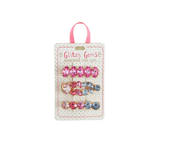 Mudpie Glitzy Gems rhinestone hair clips package on a white background featuring three rows of vibrant pink and blue oval and rectangular rhinestone clips with a pink ribbon hanger