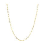 Yellow gold jewelry featuring a delicate paperclip link necklace centered on a white studio background with elongated rectangular loops and a high-polish reflective finish