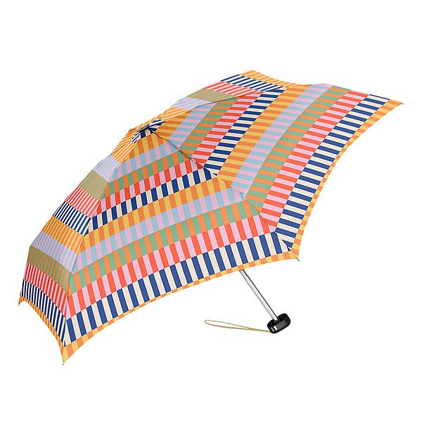 A compact travel umbrella featuring a vibrant multicolored horizontal striped pattern in orange blue pink green and yellow with a black handle and a colorful wrist strap