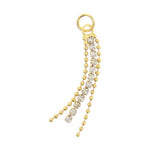 Gold-toned jewelry charm featuring three dangling chains, with a central strand of square-cut clear crystals flanked by two delicate beaded ball chains