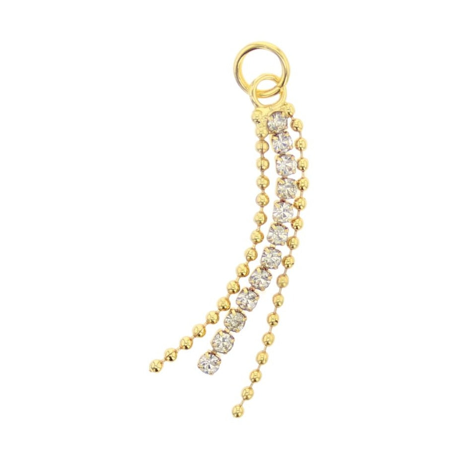 Gold-toned jewelry charm featuring three dangling chains, with a central strand of square-cut clear crystals flanked by two delicate beaded ball chains