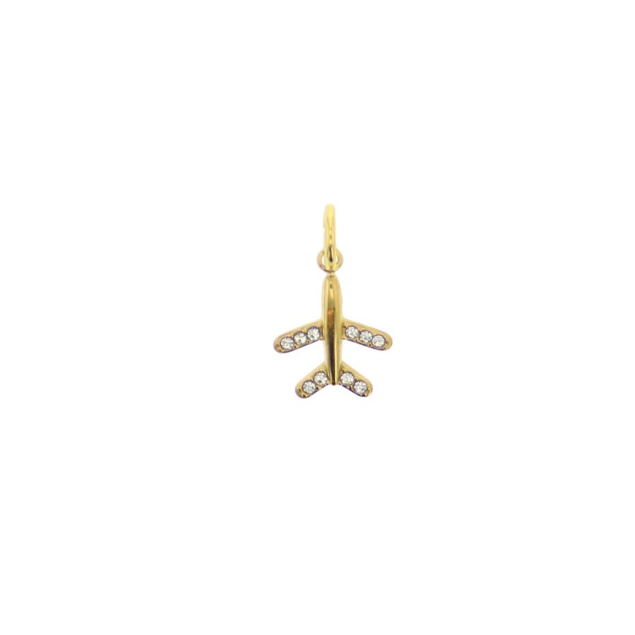 Gold and diamond miniature airplane charm with sparkling round diamonds on the wings and tail on a pristine white background