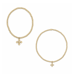 Two polished gold bead bracelets, one featuring a larger bead cross pendant and the other a smaller bead cross pendant, displayed on a clean white background