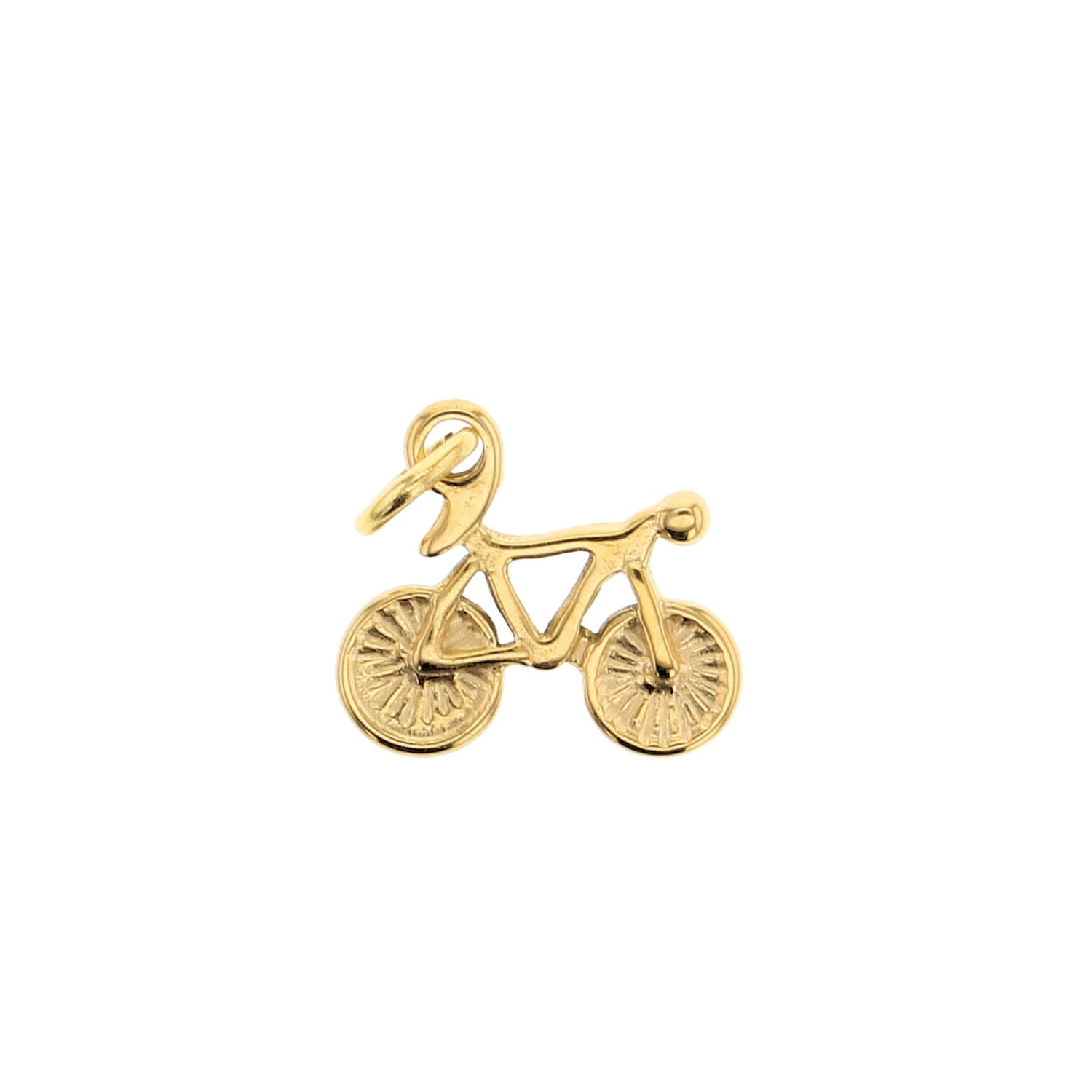 Gold metal bicycle charm with intricately detailed wheels and a small top loop for hanging