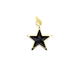 Jewelry charm, a five-pointed star featuring a glossy black enamel center bordered by a reflective gold frame, with a small gold jump ring attached