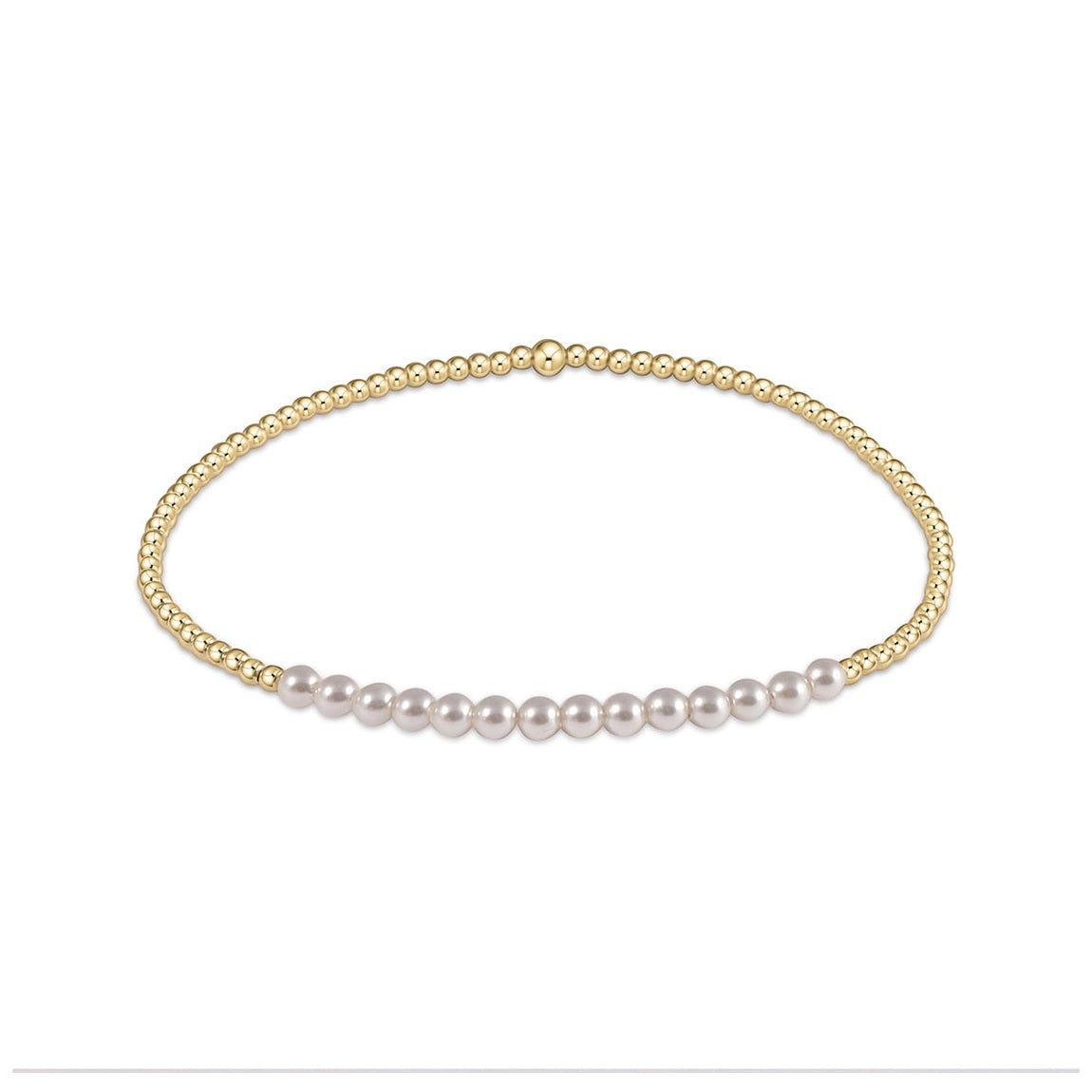 Gold bead stretch bracelet with a row of white pearls