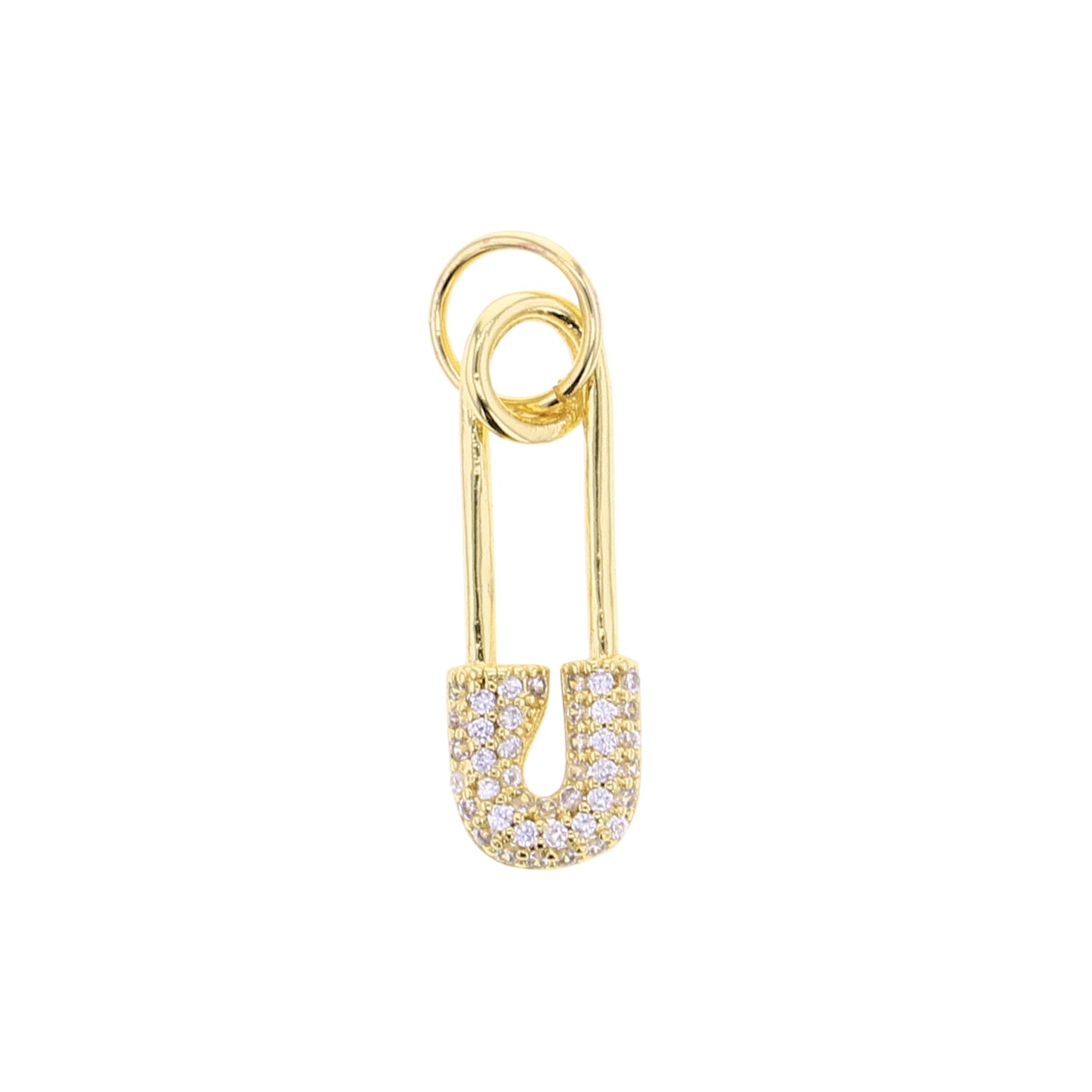 Gold and diamond safety pin charm featuring polished yellow gold and sparkling pavé-set white diamonds with a small top loop for attachment