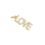 Gold-tone jewelry charm spelling LOVE with sparkling pave-set clear stones on a white background featuring a small top loop