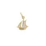 Gold charm featuring a sailboat design with sparkling clear gemstones on its two sails and an attachment loop