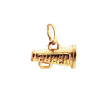 Gold metal charm shaped like a megaphone with the word CHEER engraved across its side and a jump ring at the top