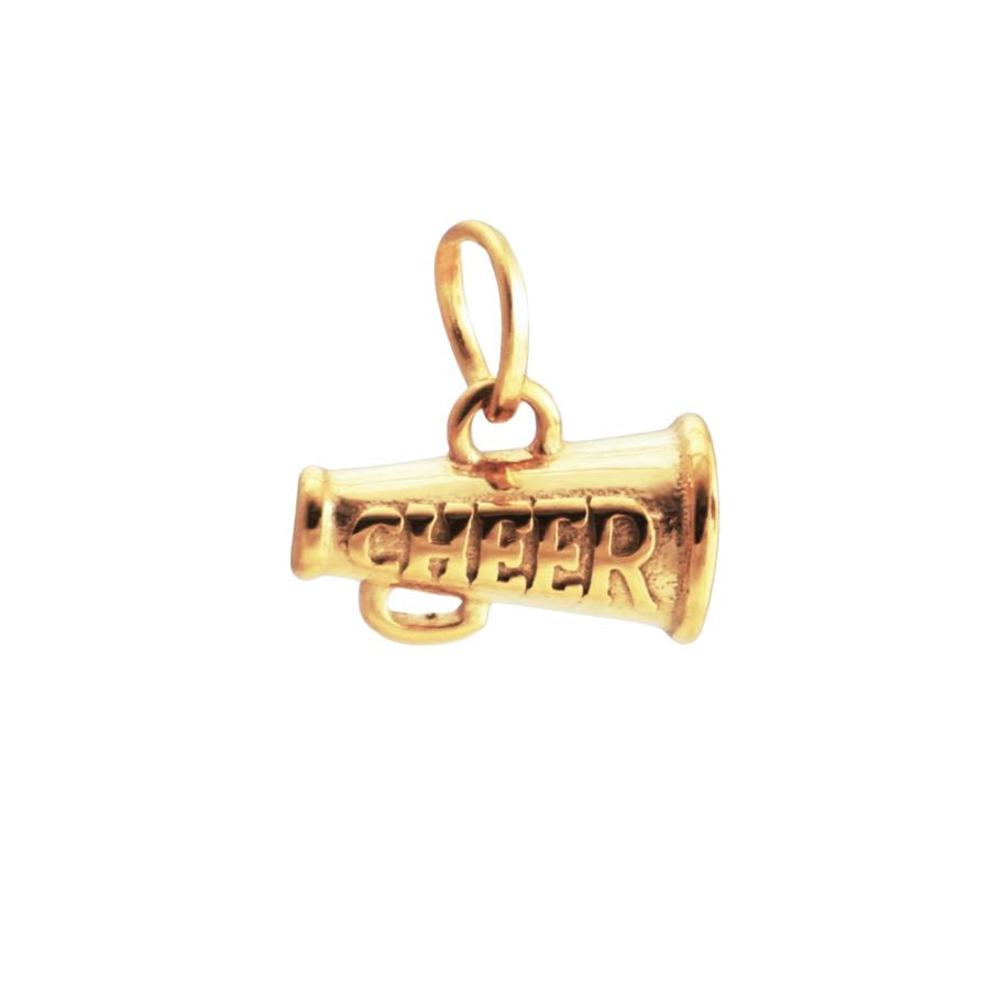 Gold metal charm shaped like a megaphone with the word CHEER engraved across its side and a jump ring at the top