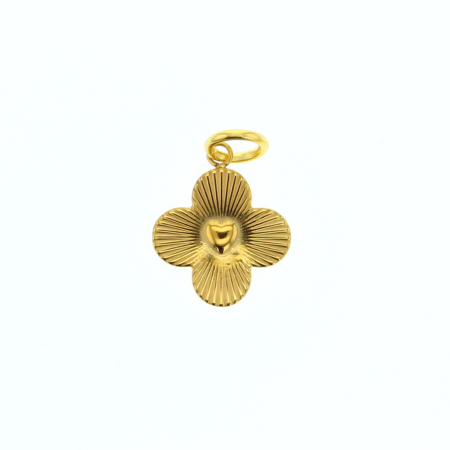 Gold clover pendant featuring a central embossed heart and radiating textured petals