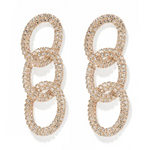A pair of gold-toned chandelier earrings featuring three interlocking oval links completely encrusted with sparkling clear rhinestones