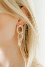 Photograph of a woman's ear showcasing a sparkling dangle earring with three interconnected crystal-encrusted loops against blonde hair