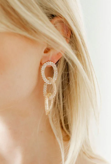Photograph of a woman's ear showcasing a sparkling dangle earring with three interconnected crystal-encrusted loops against blonde hair