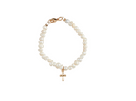 A white freshwater pearl bracelet featuring a gold-tone lobster clasp and a delicate gold cross charm