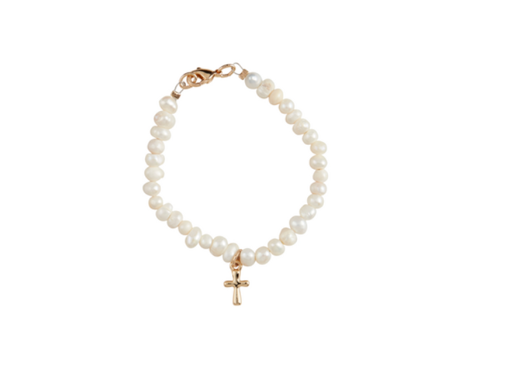 A white freshwater pearl bracelet featuring a gold-tone lobster clasp and a delicate gold cross charm