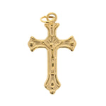 Gold jewelry crucifix pendant showcasing a detailed corpus, ornate flared arms, and a sunburst halo behind Christ's head