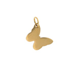 Gold charm featuring a smooth polished golden butterfly pendant with a distinct symmetrical wing shape and an attached jump ring on a plain white background