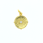 Gold jewelry pendant featuring a circular evil eye design with a bright gold finish, a single sparkling cubic zirconia stone, and radiating sunburst lines