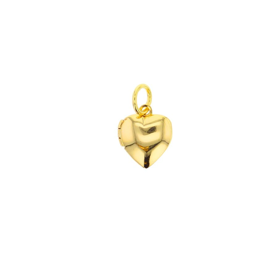 Polished gold heart locket featuring a faceted surface, tiny visible hinge, and delicate bail