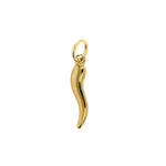 Gold charm depicting a polished Italian cornicello horn amulet with a curved shape and integrated jump ring