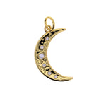 Jewelry photo of a gold-toned crescent moon charm on a white background adorned with five sparkling clear round stones and decorative raised dots with a small attachment loop