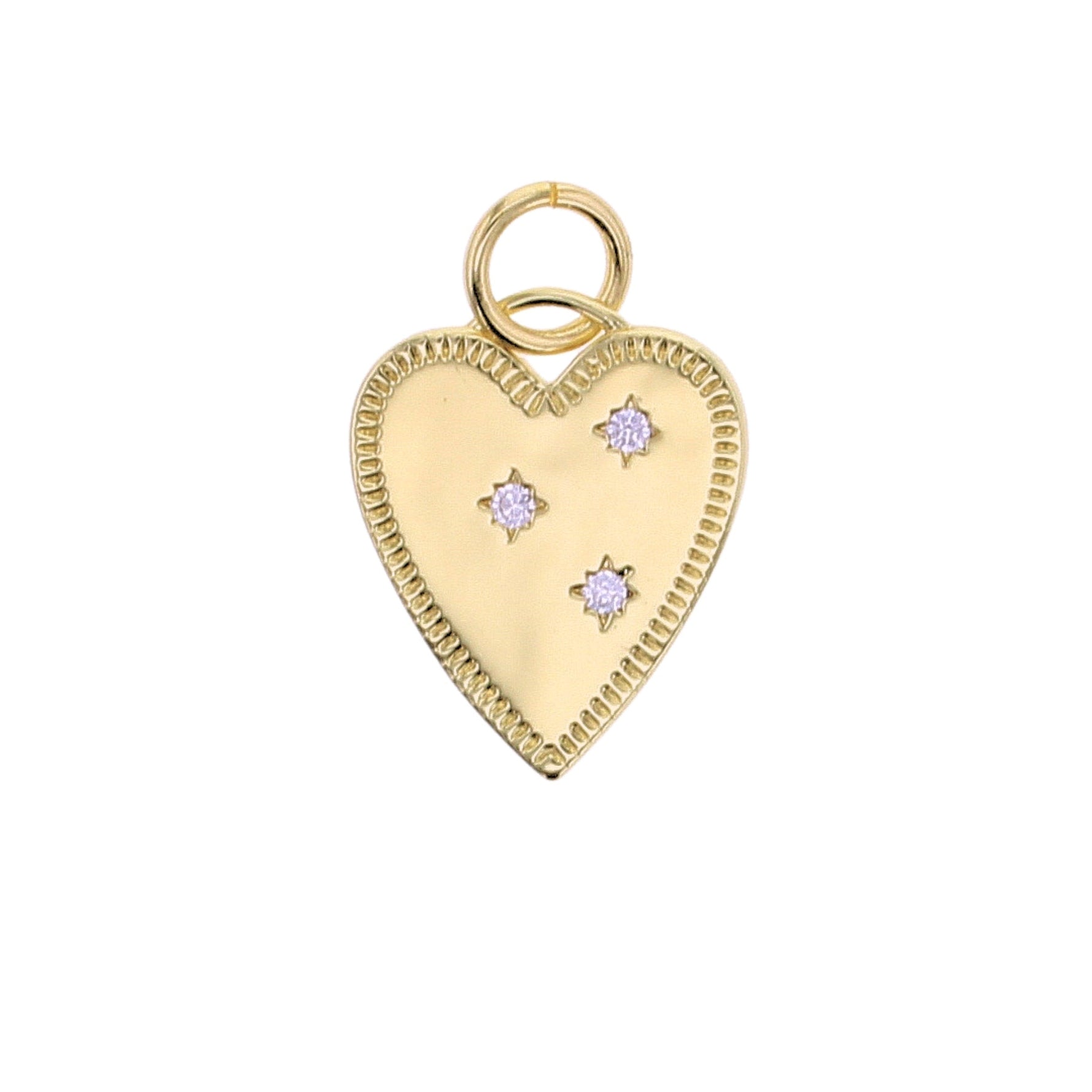 Gold heart pendant featuring three star-set clear gemstones and a beaded border