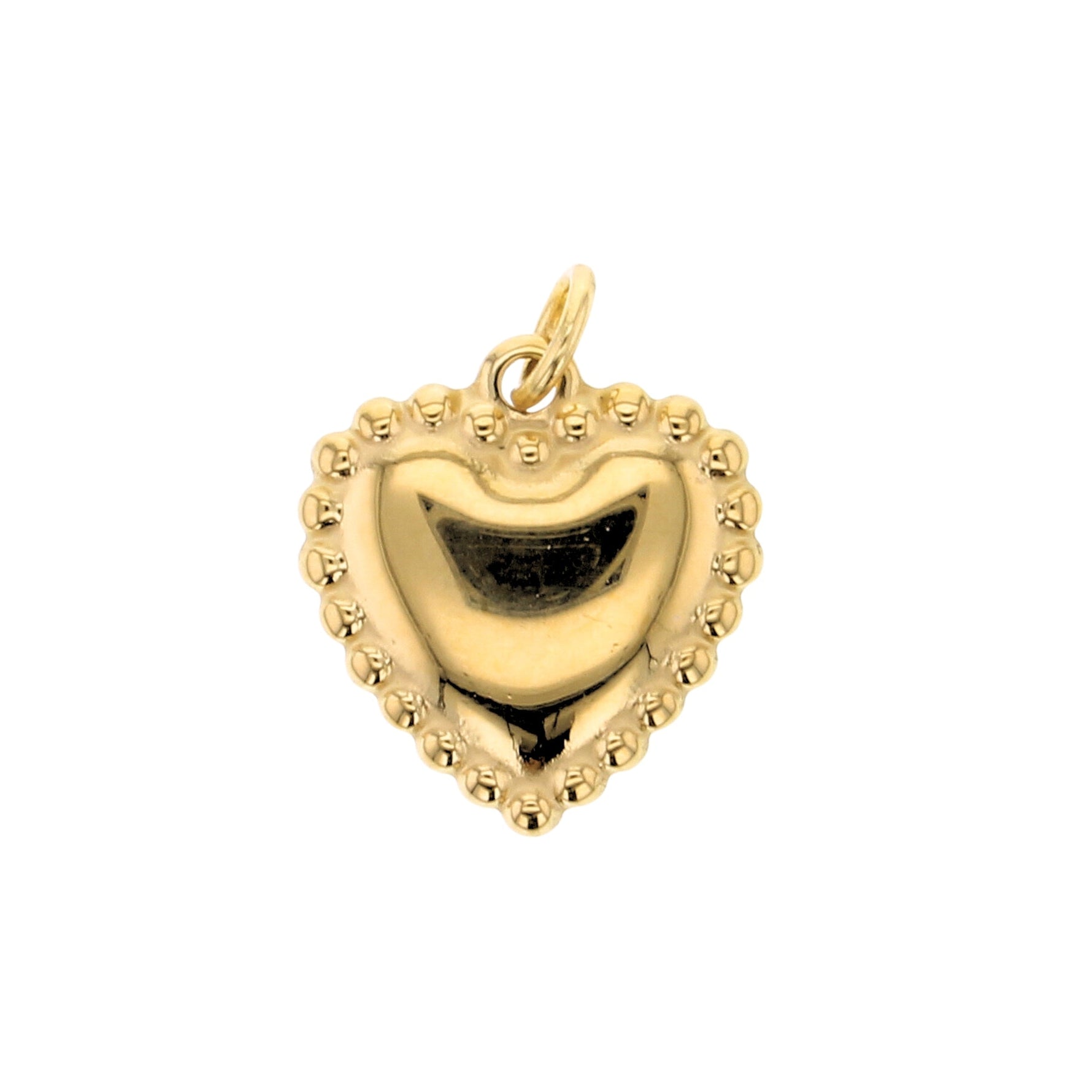 Gold jewelry, a shiny high-polished heart-shaped pendant with a decorative beaded edge and a small bail at the top