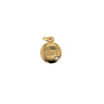 Gold charm a polished round disc engraved with the word LOVE accented by a small clear rhinestone and topped with a jump ring