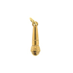 Polished gold microphone charm with a hanging loop and an intricately textured mesh head