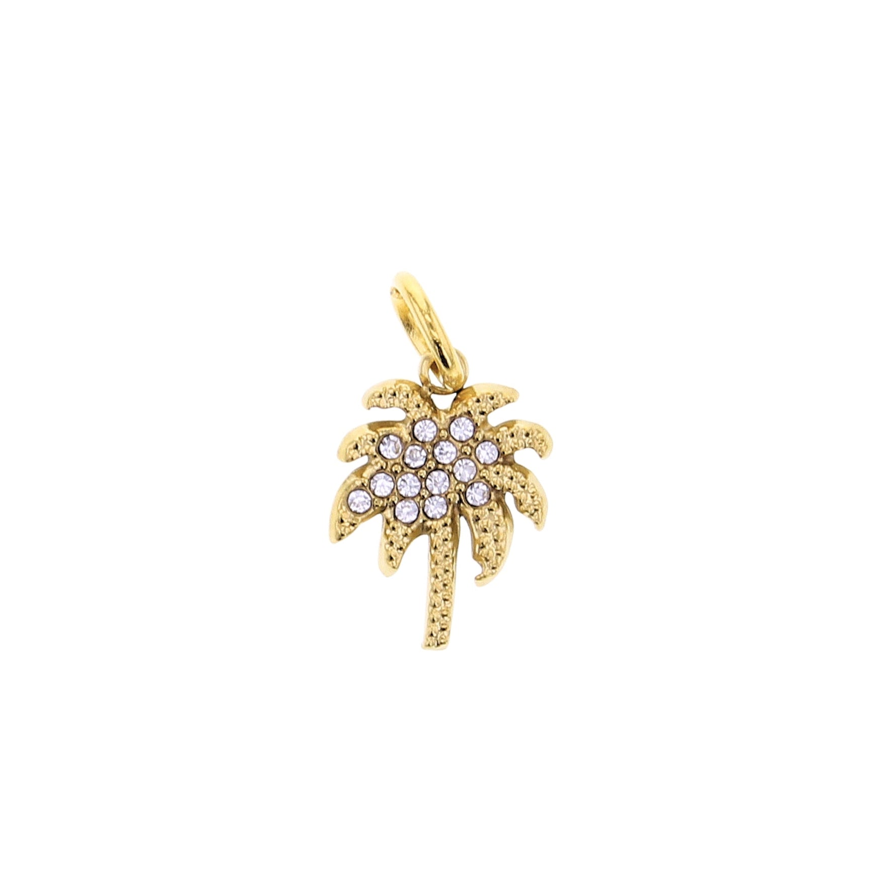 Gold palm tree charm pendant featuring sparkling clear crystals on its fronds and a textured trunk design