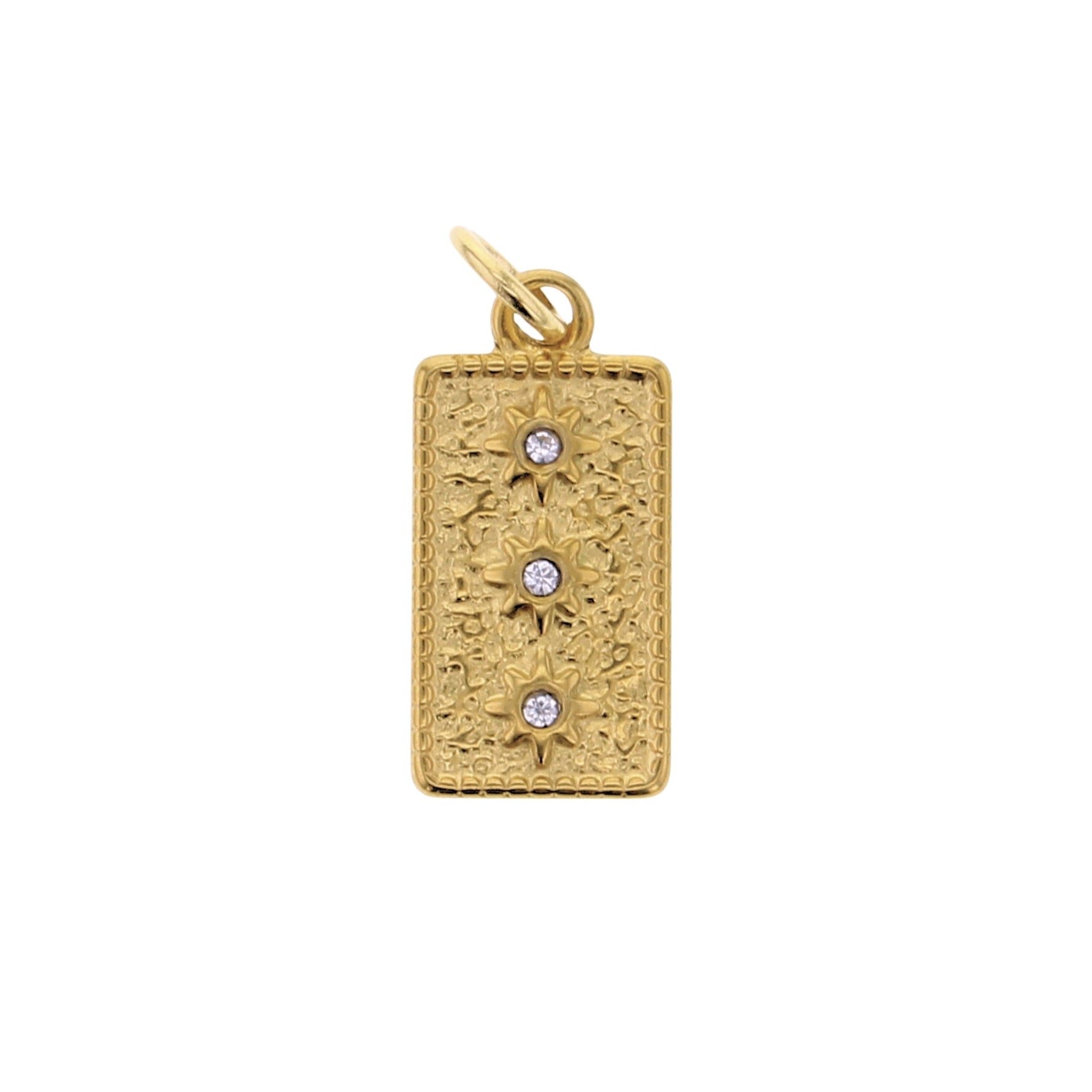 Gold rectangular pendant featuring three sparkling round diamonds set in starburst designs against an ornate textured background isolated on white