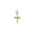 Gold charm featuring a small polished cross with a simple design and tiny jump ring