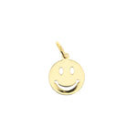 Gold pendant featuring a cheerful round smiley face charm in bright yellow gold with cut-out oval eyes and a curved smile attached to a small bail