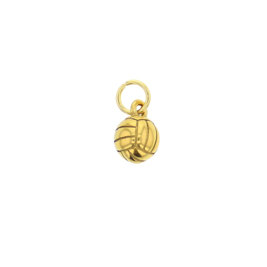 Gold metal charm shaped like a volleyball with detailed panel lines and a bright sheen