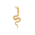 Gold snake charm with textured scales and a gracefully coiled body featuring a top attachment loop