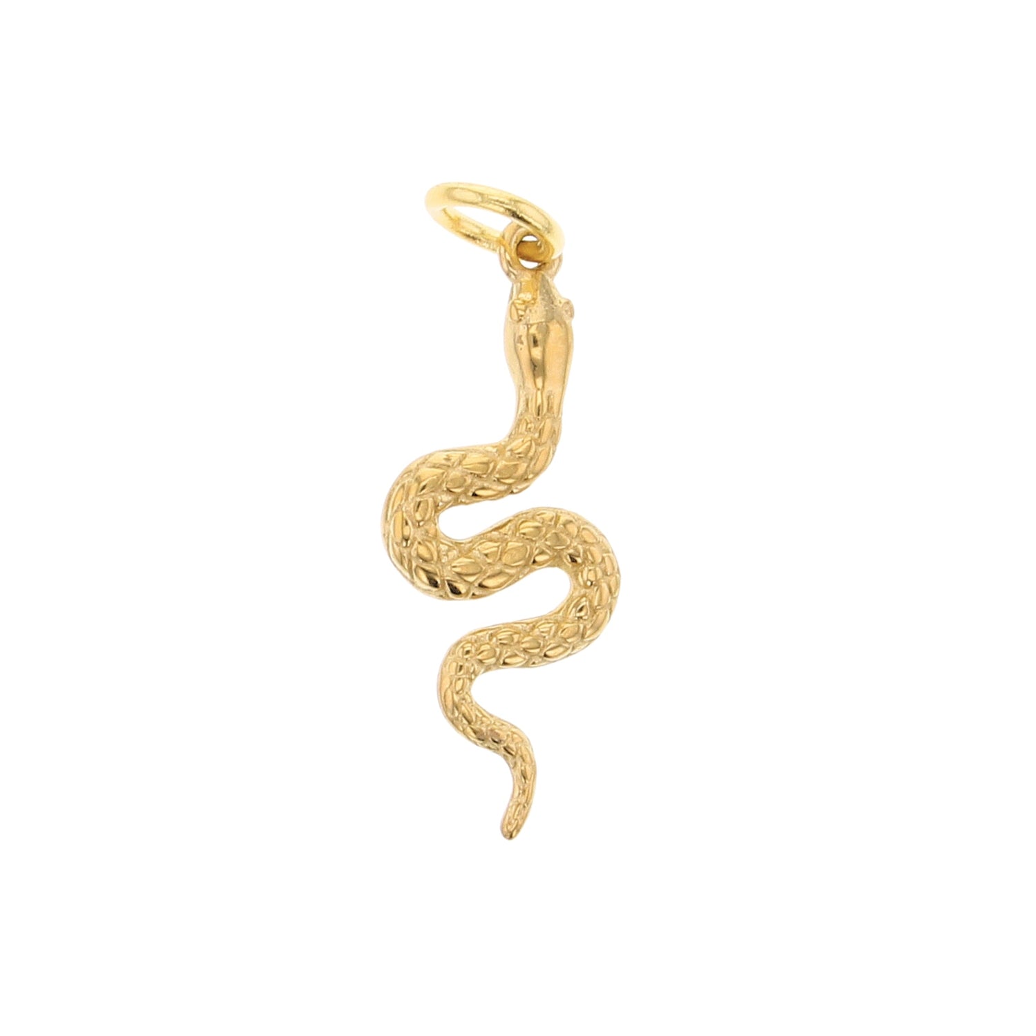 Gold snake charm with textured scales and a gracefully coiled body featuring a top attachment loop