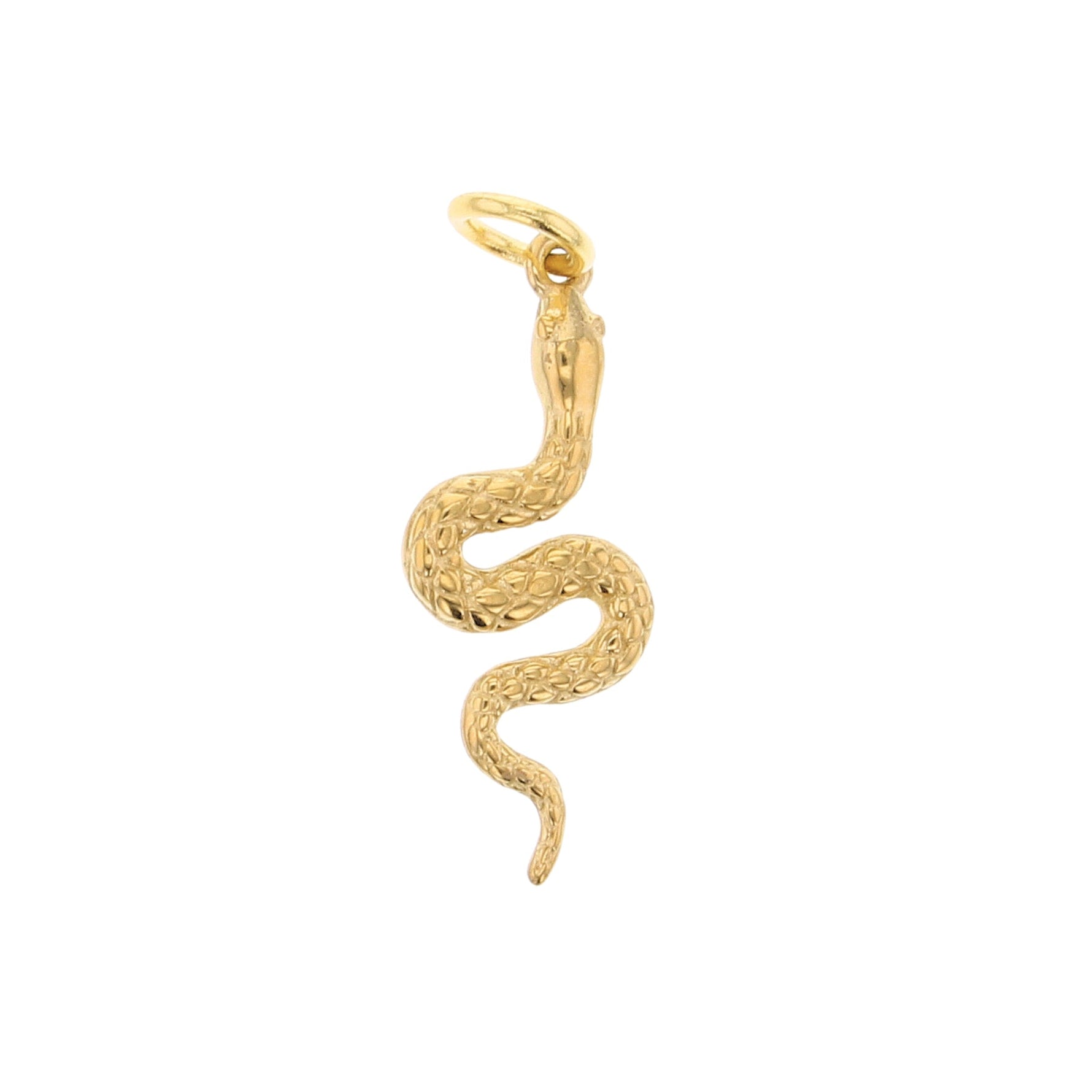 Gold snake charm with textured scales and a gracefully coiled body featuring a top attachment loop