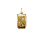 Gold rectangular pendant with a diamond-encrusted border surrounding a polished surface detailed with three sparkling diamond starbursts and a small crescent moon