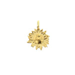 Gold metal sunflower pendant with detailed petals and a textured center