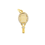 Gold-toned tennis racket charm encrusted with clear gemstones around the head and handle featuring a top hanging loop