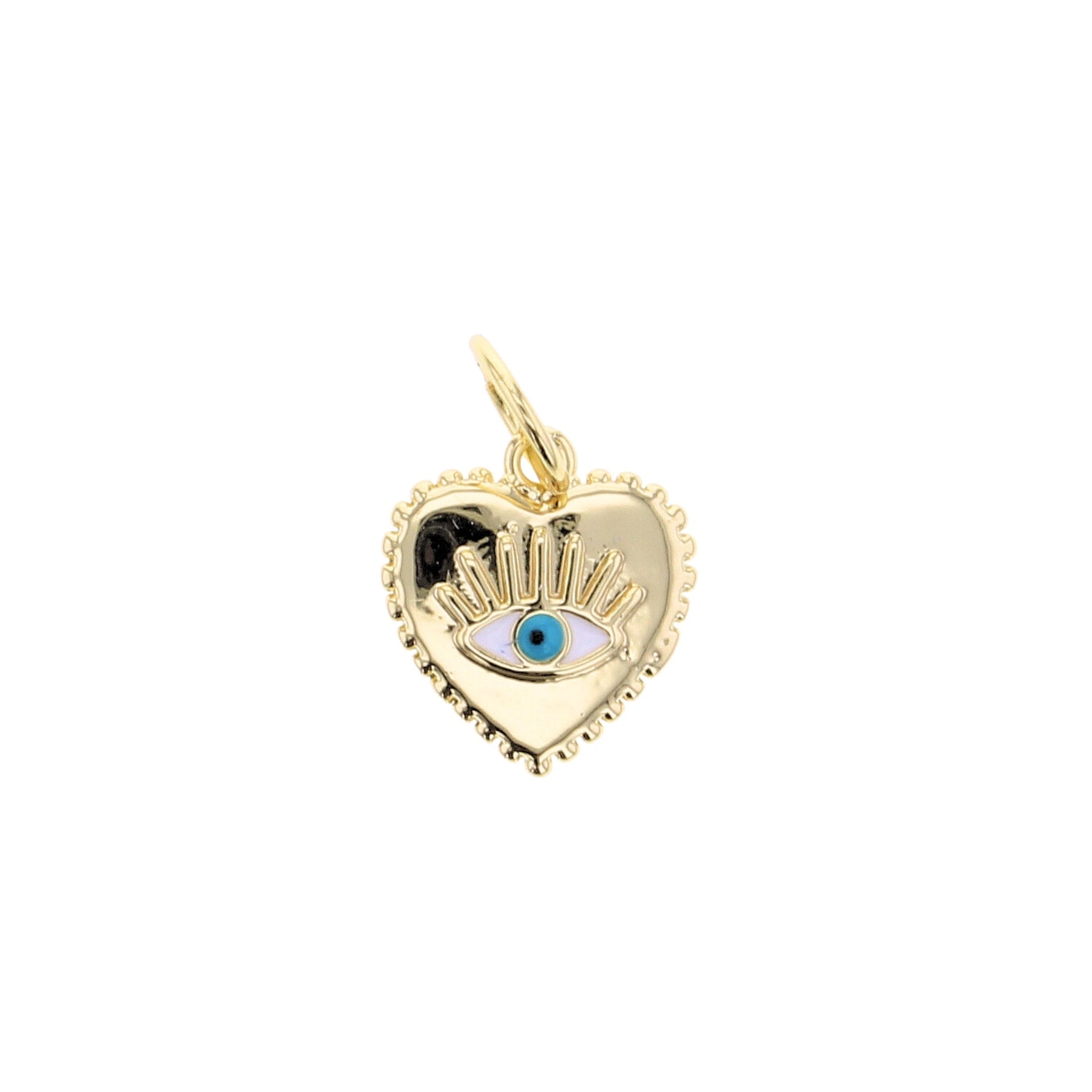 Gold heart-shaped charm with a central turquoise and white enameled evil eye featuring golden rays and a delicate beaded edge