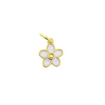 Jewelry charm featuring a five-petal white enamel flower with a shiny gold outline and a gold central dot