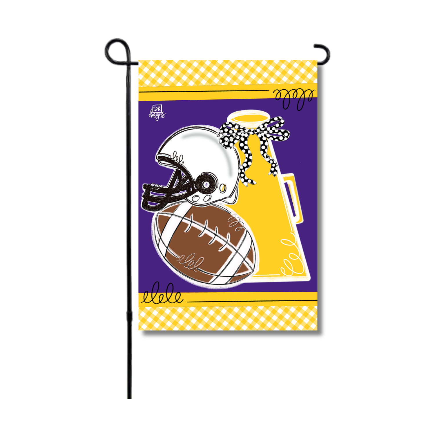 Digital illustration by DK Designs of a decorative garden flag featuring a white football helmet, brown football, and yellow megaphone with a black and white polka dot bow against a purple background with yellow gingham borders