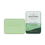 Product image displaying a light green Mistral Golf Valbonne Luxury Soap for Men bar next to its white and dark green packaging with a golf flag and a golfer silhouette and 7 oz 200 g weight