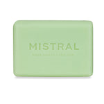 Rectangular light green bar of soap with Mistral Pour Homme For Men embossed on the front